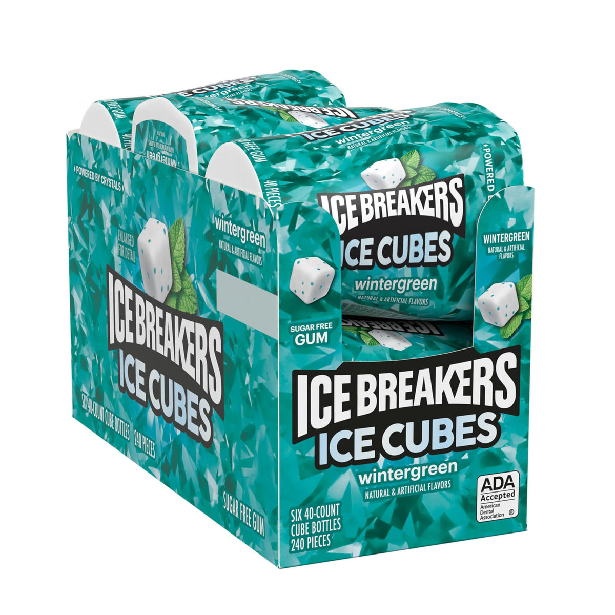 Ice Breakers Ice Cubes Wintergreen bottle close-up; crisp mint crystals offer a cooling, sugar-free pick-me-up.