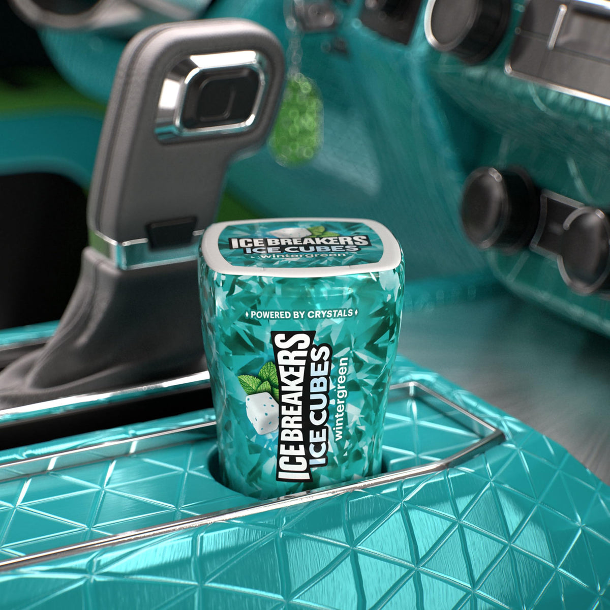 Ice Breakers Ice Cubes Wintergreen box pack; six bottles neatly arranged for organized snacking.
