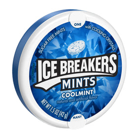 Ice Breakers CoolMint tin closed for on-the-go fresh breath.