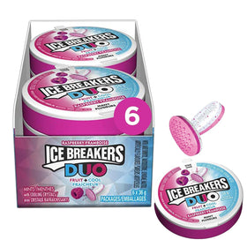 Ice Breakers Raspberry Duo mints in round resealable case for on-the-go refreshment