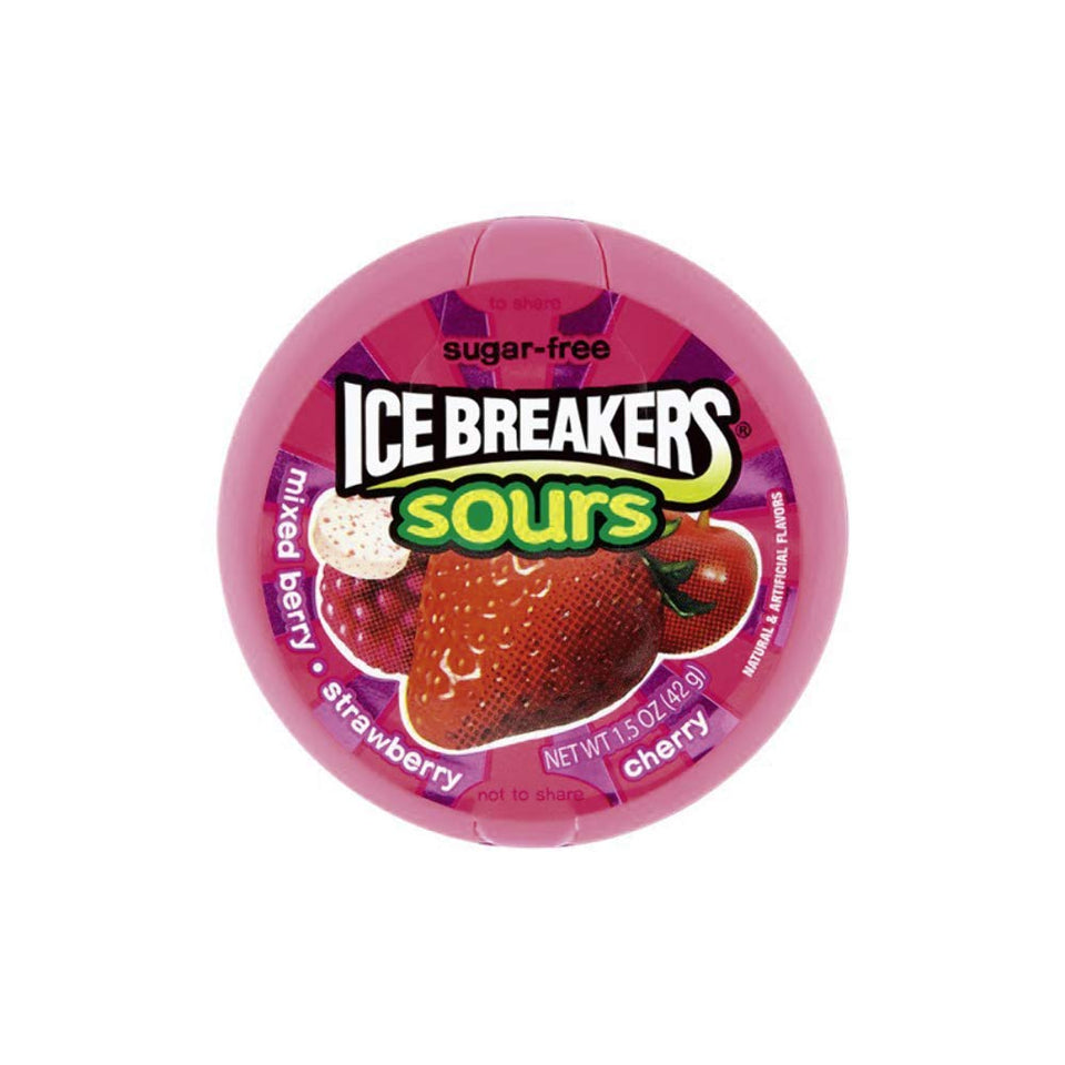 Ice Breakers Sours Berry Mints Tin with berry-sour flavor for on-the-go breath refreshment