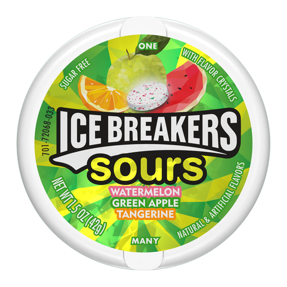 Ice Breakers Sours mints closeup reveals green apple, tangerine, watermelon crystals for quick refreshment.
