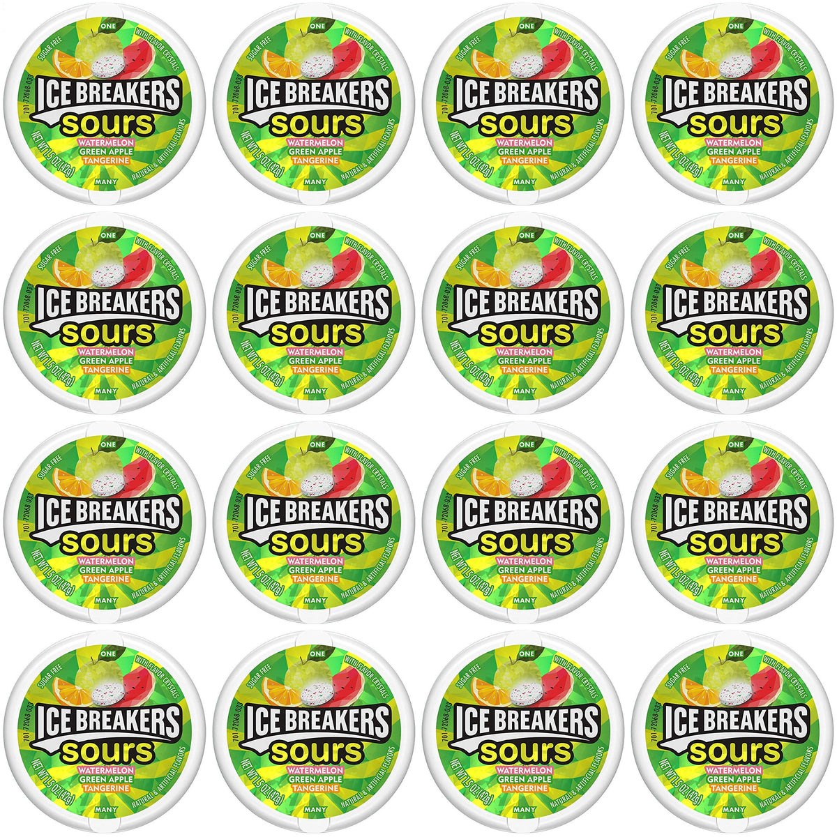 Ice Breakers Sours pack of sixteen canisters on store shelf