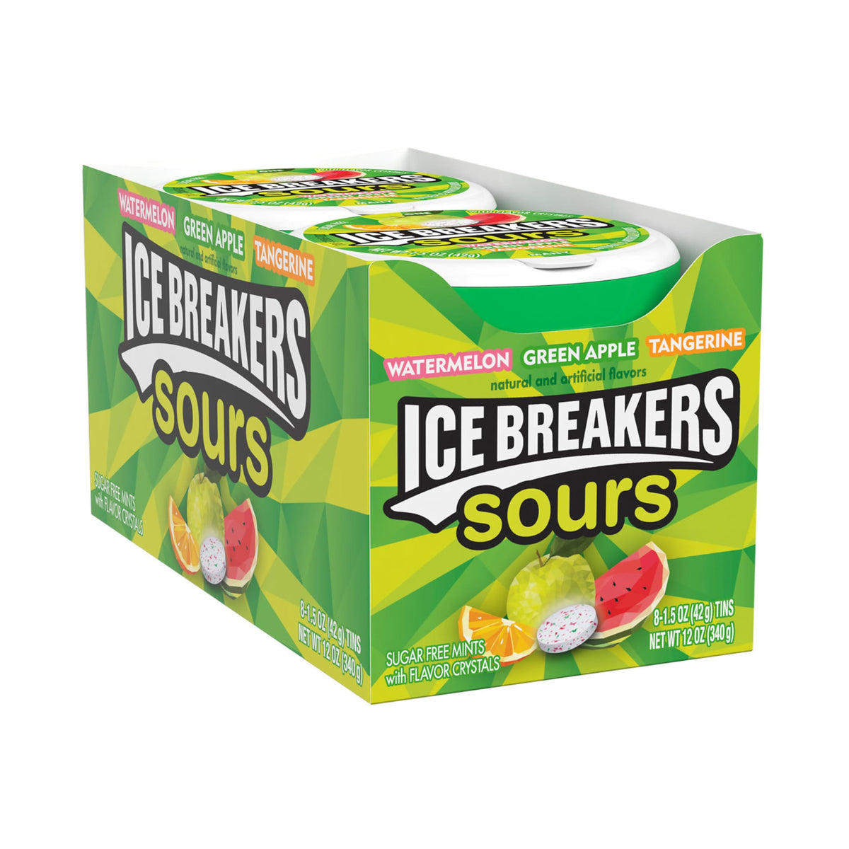 Ice Breakers Sours tin front view with sugar-free fruit mints for fresh breath anywhere.