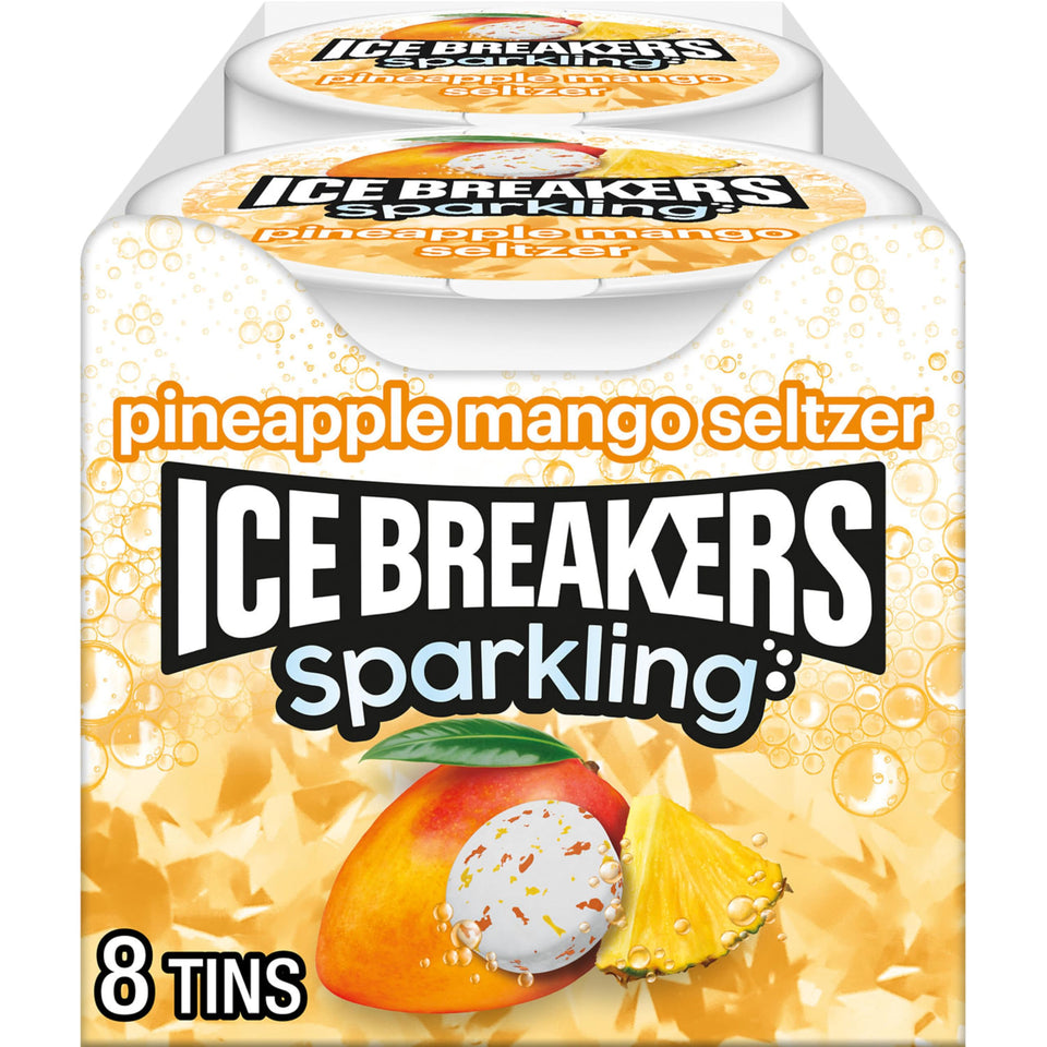 Ice Breakers Sparkling Pineapple Mango mint tin with flavor crystals for quick refreshment
