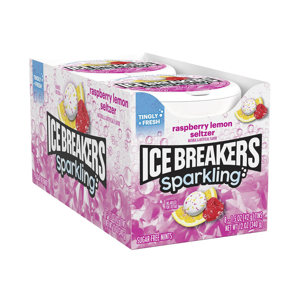 Ice Breakers Sparkling Raspberry Lemon mint tin for on-the-go breath refreshment