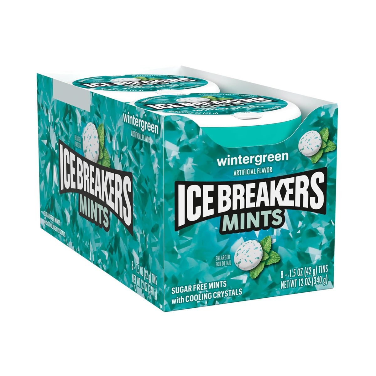 Ice Breakers Wintergreen mints tin opened, ready to dispense a refreshing bite.