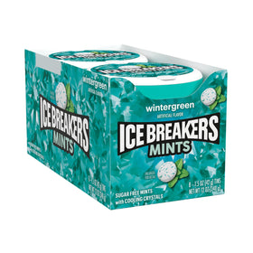 Ice Breakers Wintergreen mints tin opened, ready to dispense a refreshing bite.