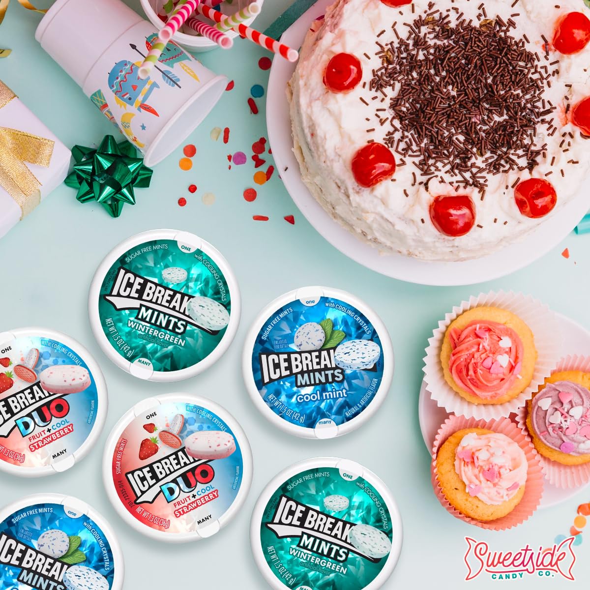 Ice Breakrs packaging display emphasizing gift-ready variety and shareable mints.