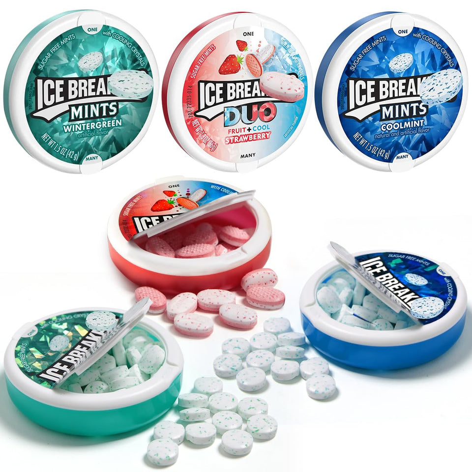 Ice Breakrs Variety Pack pack shot showing six mint packs for on-the-go freshness.