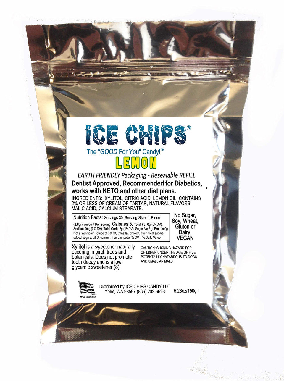 Ice Chips Lemon candy in a resealable 5.28 oz pouch for on the go freshness.
