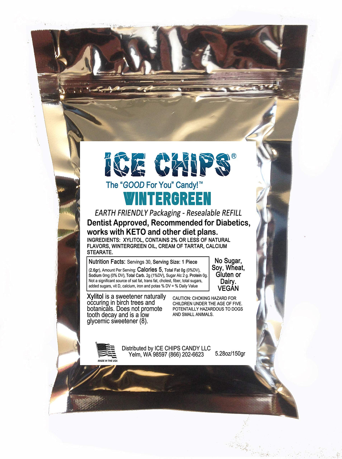 ICE CHIPS Xylitol Candy – front view of the large resealable pouch for convenient snacking.