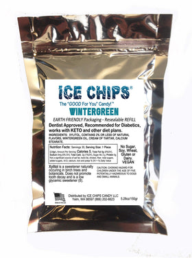 ICE CHIPS Xylitol Candy – front view of the large resealable pouch for convenient snacking.