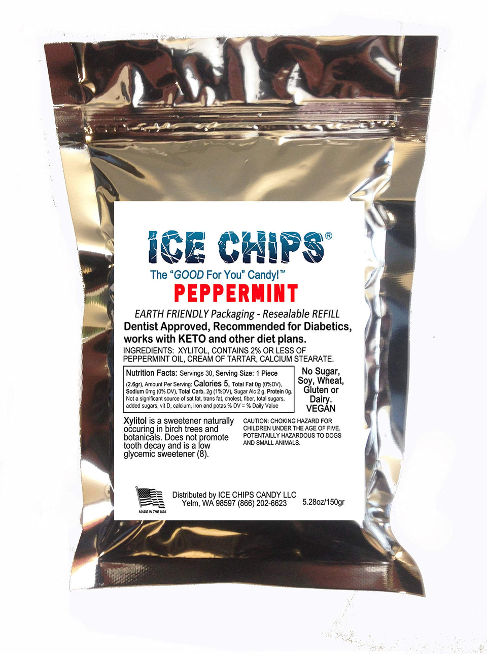 Ice Chips peppermint candy in a resealable pouch for fresh breath
