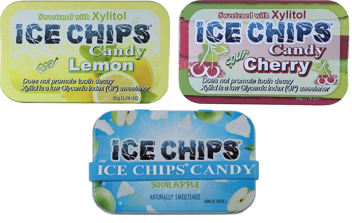 ICE CHIPS three-tin pack on counter for fresh breath