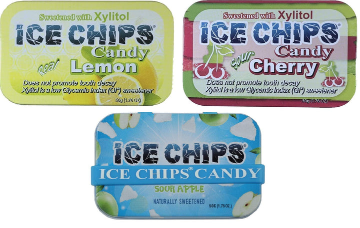 ICE CHIPS three-tin pack on counter for fresh breath