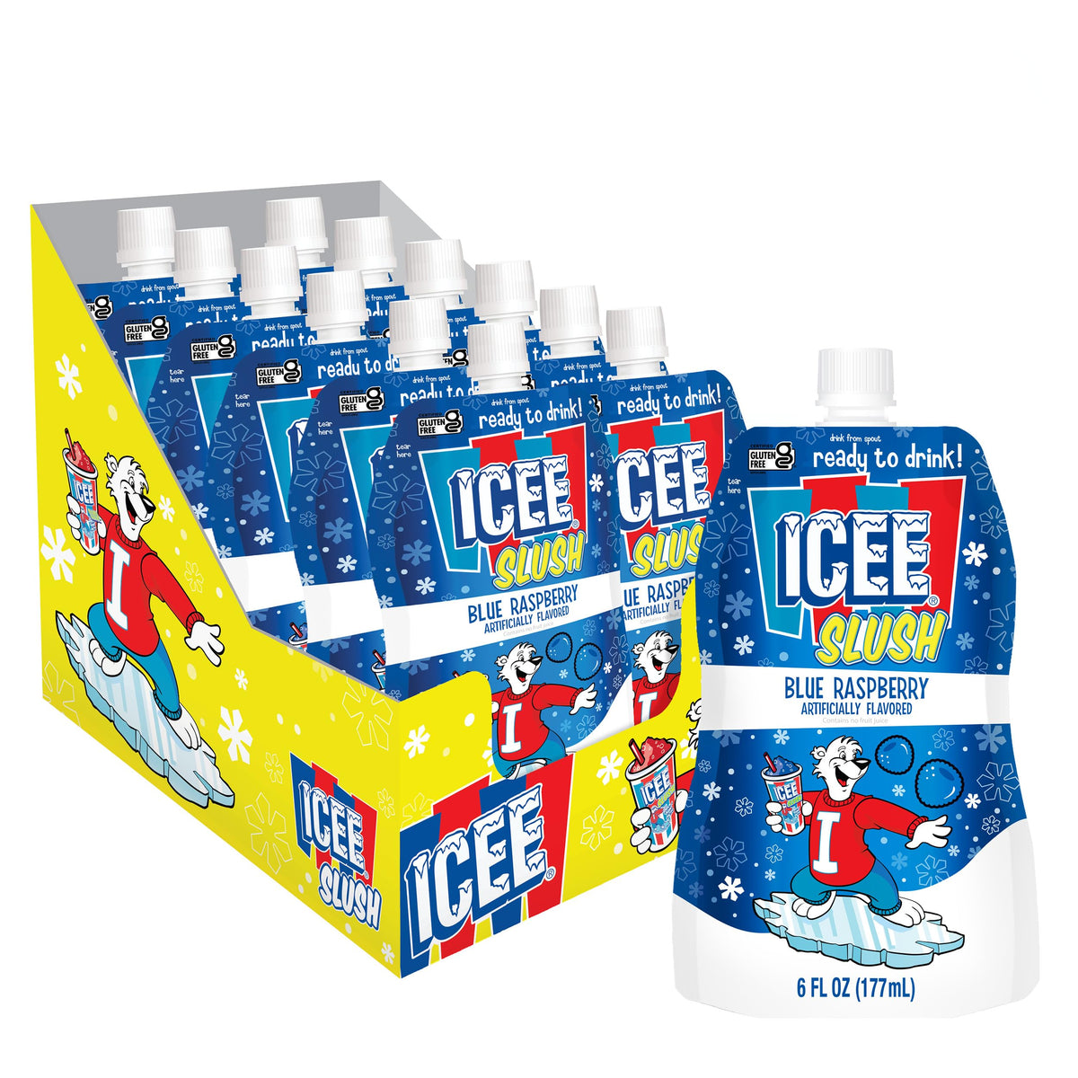 Icee Slush Blue Raspberry pouch packaging highlights convenient on-the-go slush benefits.