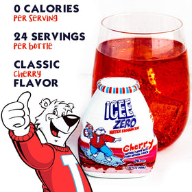 Icee Zero Cherry water enhancer being poured into a glass