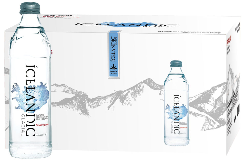 Icelandic Glacial 330ml glass bottle, premium sparkling water ideal for eco-friendly hydration.