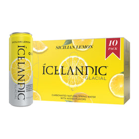 Icelandic Glacial Sicilian Lemon sparkling water in 330ml cans, perfect for on-the-go refreshment.