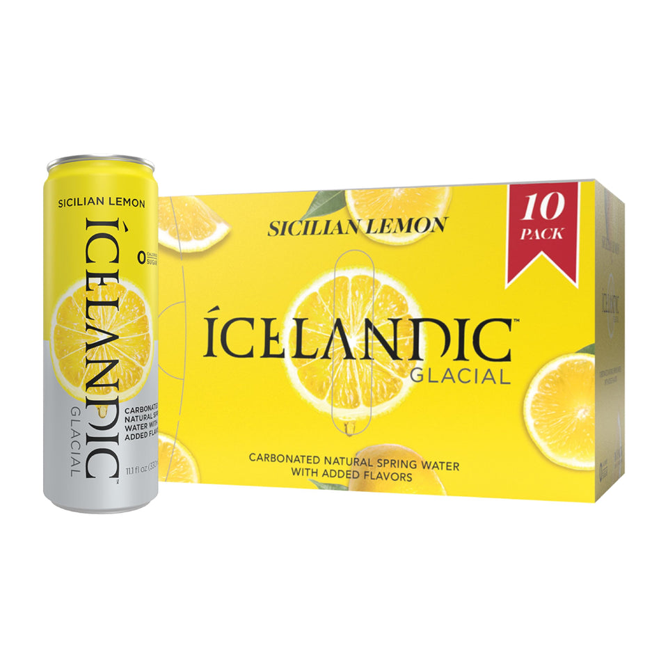 Icelandic Glacial Sicilian Lemon sparkling water in 330ml cans, perfect for on-the-go refreshment.