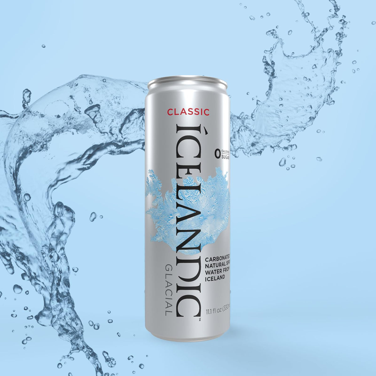 Icelandic Glacial Sparkling Water can - side view, pure taste with natural carbonation.