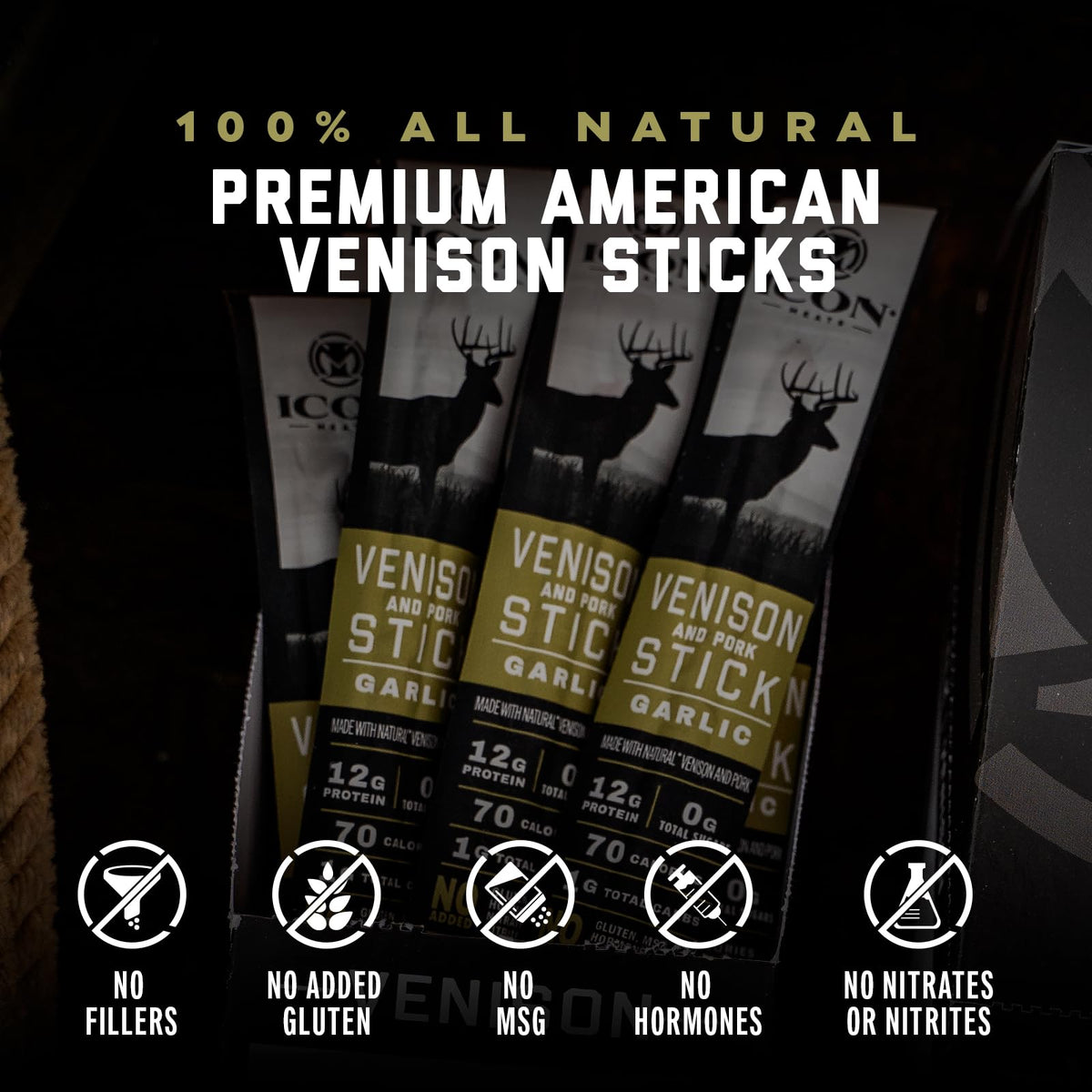 ICON Meats 24-pack venison-pork snacks ready for travel, workouts, or lunch