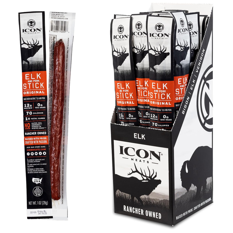 ICON Meats elk and pork snack sticks – original flavor, on-the-go protein.