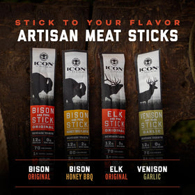ICON Meats elk and pork snack sticks original label close-up highlighting ingredients.