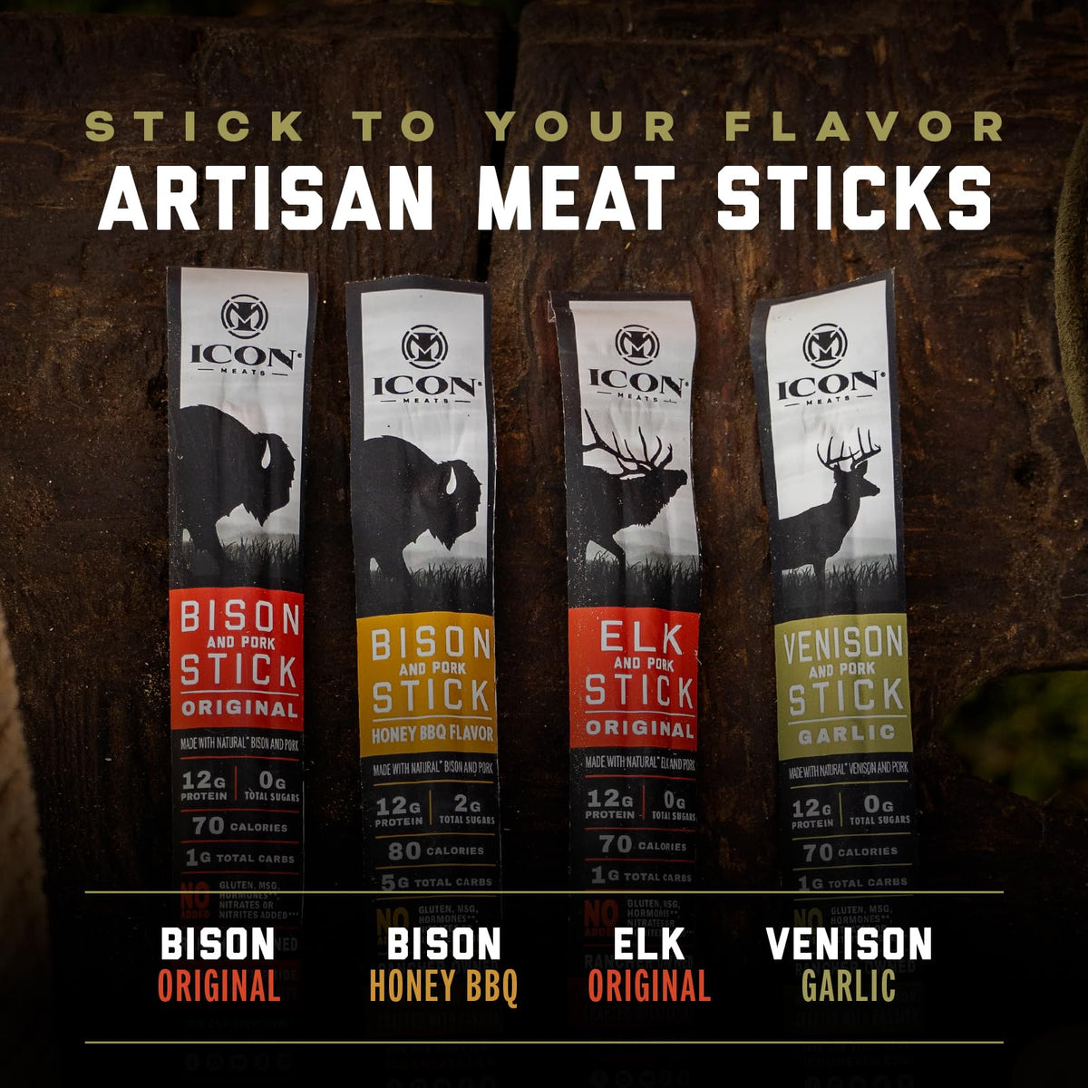 ICON Meats garlic flavor venison-pork stick close-up emphasizes savory snacking
