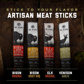 ICON Meats garlic flavor venison-pork stick close-up emphasizes savory snacking
