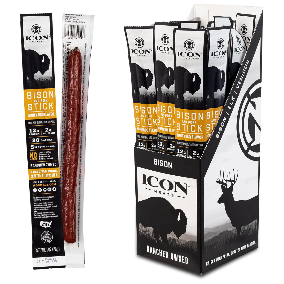 ICON Meats Honey BBQ bison and pork sticks; 24-pack high-protein on the go.