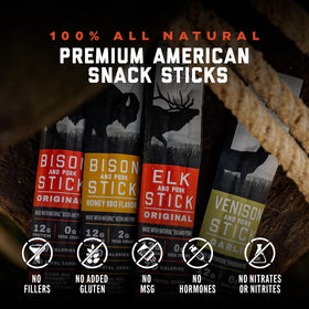 ICON Meats Original Bison and Pork sticks display convenient 6-pack portions for travel.