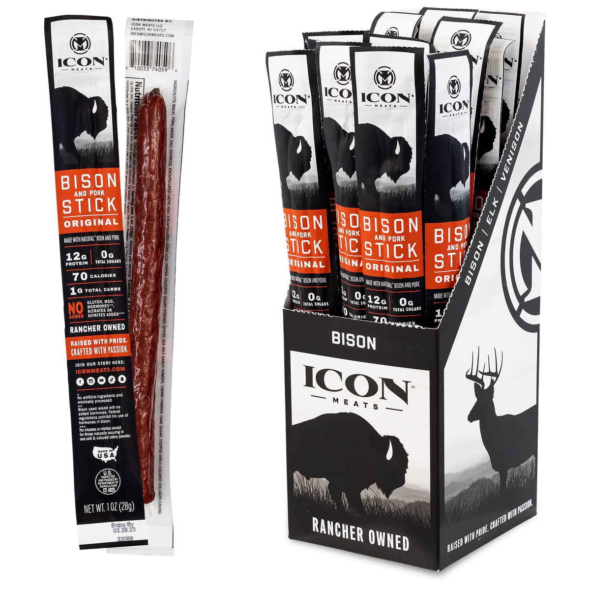 ICON Meats Original flavor sticks in a rugged package, protein-packed snack.