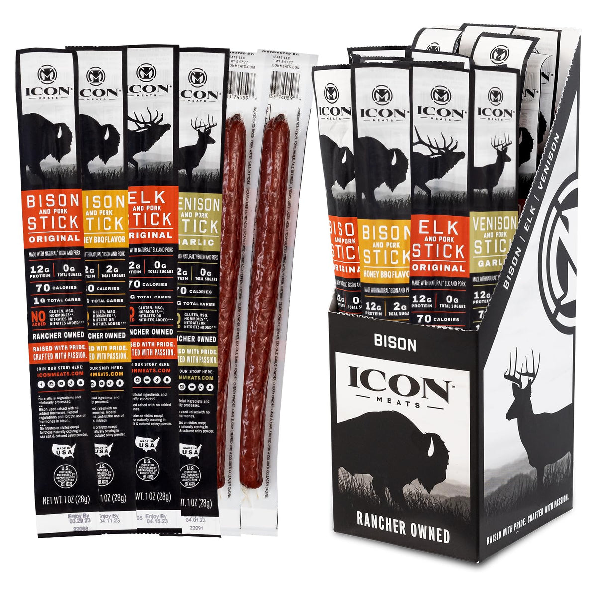 ICON Meats Snack Sticks Sampler box showcases four flavors for on-the-go snacking.