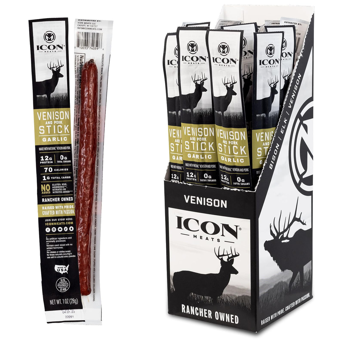 ICON Meats venison-pork garlic sticks hero pack shown for on-the-go protein