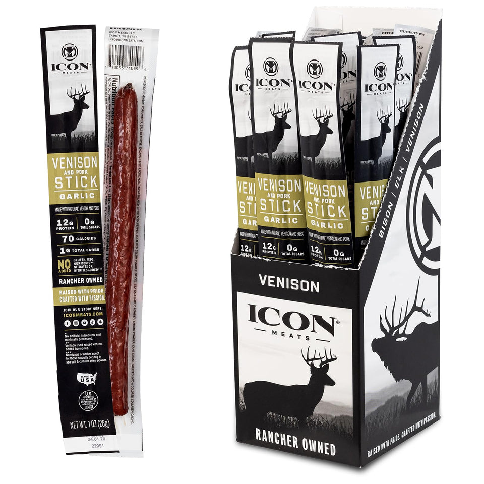 ICON Meats venison-pork garlic sticks hero pack shown for on-the-go protein
