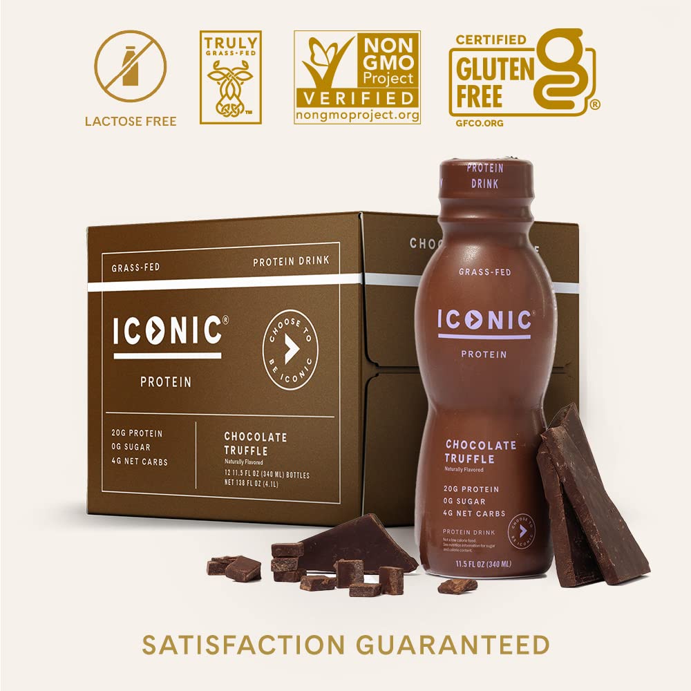 Iconic Protein Drink Chocolate Truffle nutrition panel shows protein and macros.