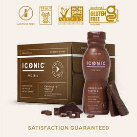 Iconic Protein Drink Chocolate Truffle nutrition panel shows protein and macros.