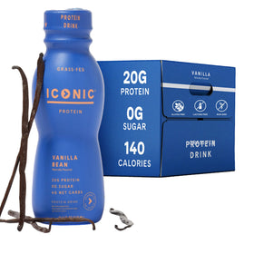Iconic Vanilla Bean protein drink bottle showing 20g protein and clean label