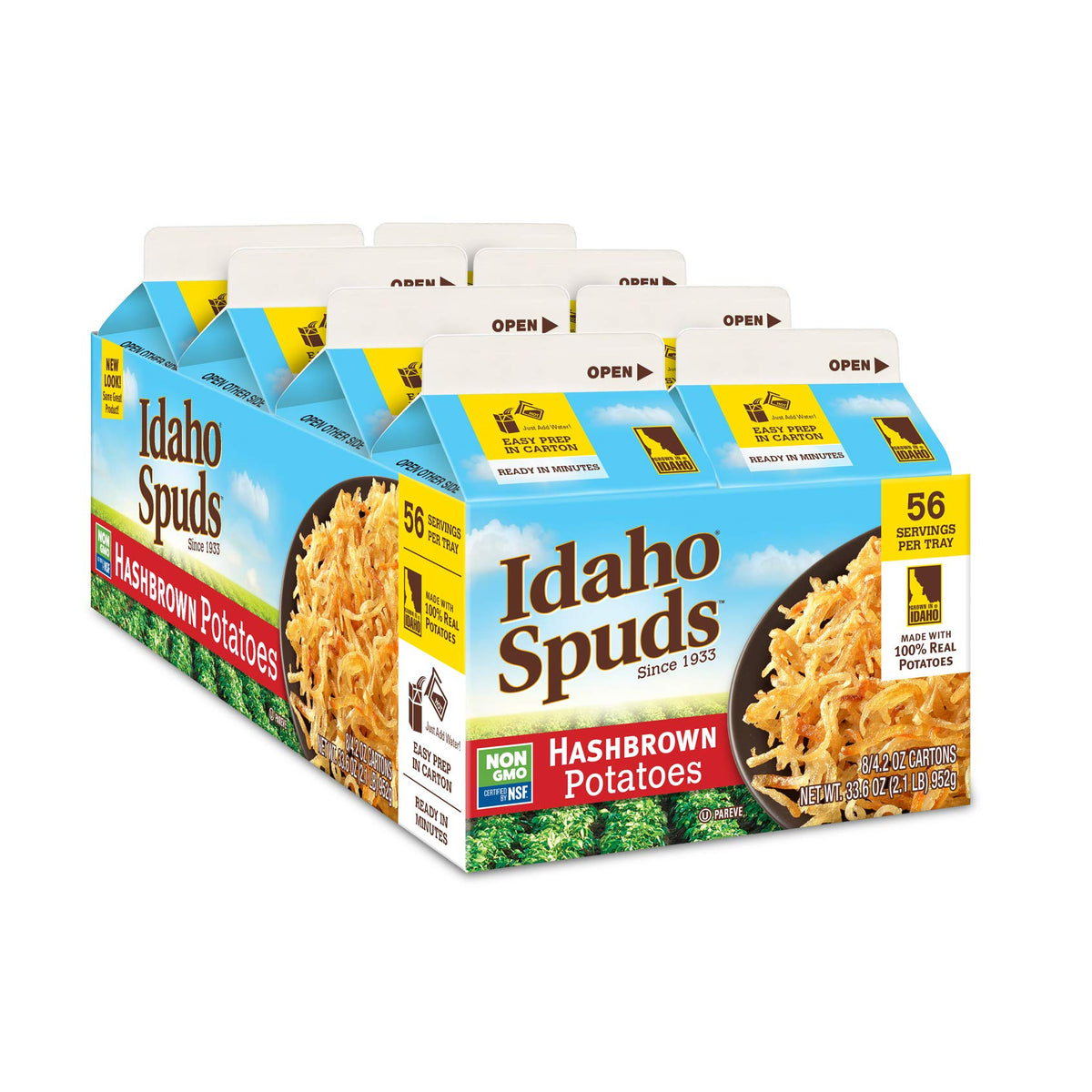 Idaho Spuds Premium Hashbrown Potatoes 8-pack box for easy pantry meals.