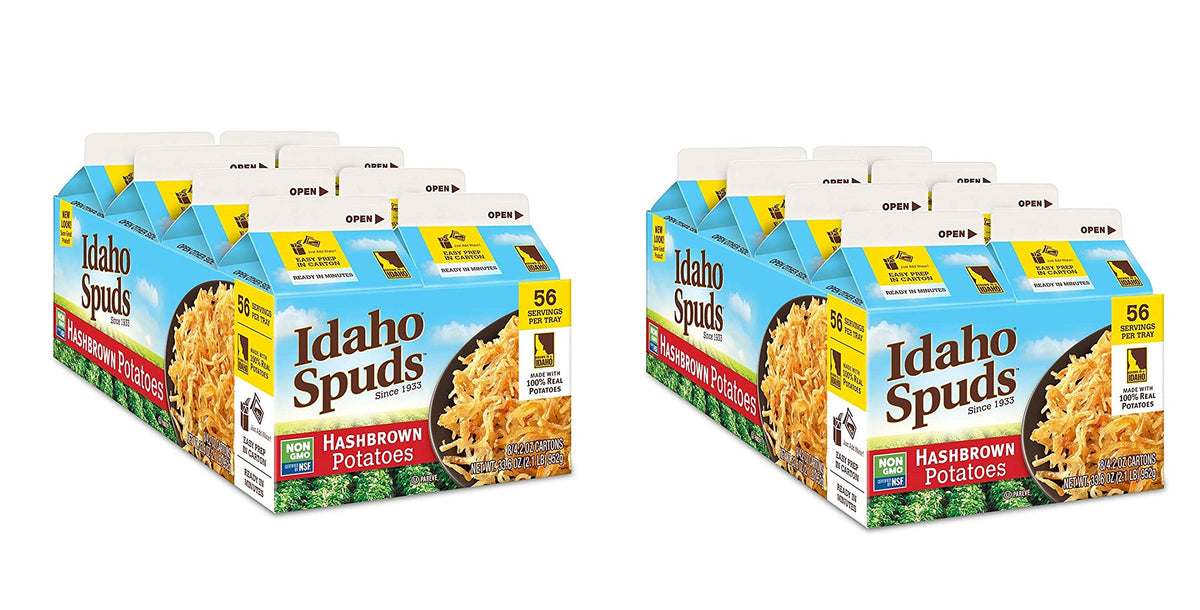 Idaho Spuds Premium Hashbrown Potatoes box for quick, crispy breakfasts