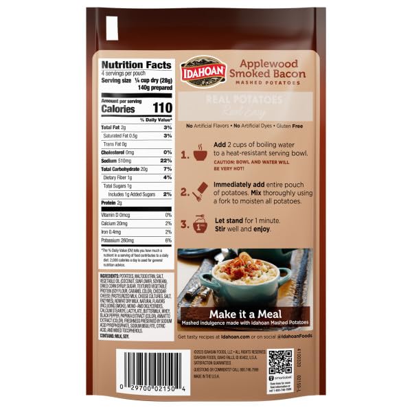 Idahoan Applewood Smoked Bacon Mashed Potatoes pouch-front view shows convenient portioning