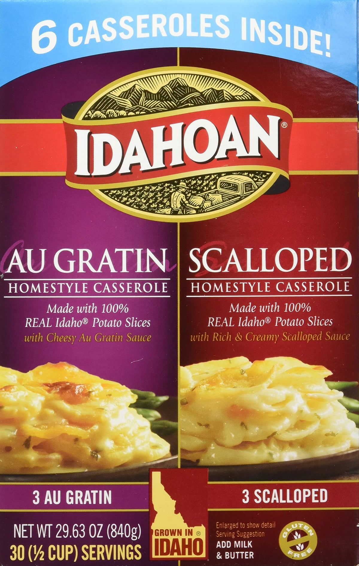 Idahoan au gratin dish ready to bake, creamy side.