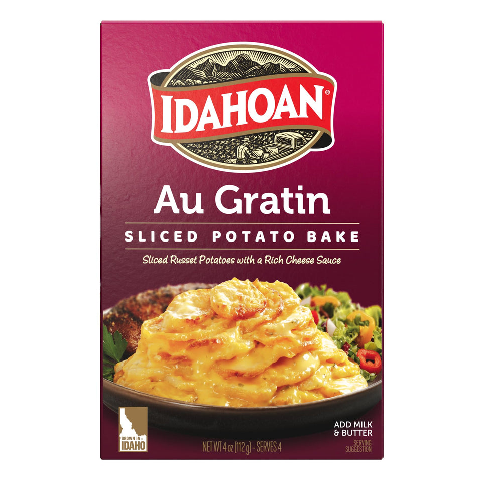 Idahoan Au Gratin Homestyle Casserole 4oz pouch pack enables quick weeknight dinners.