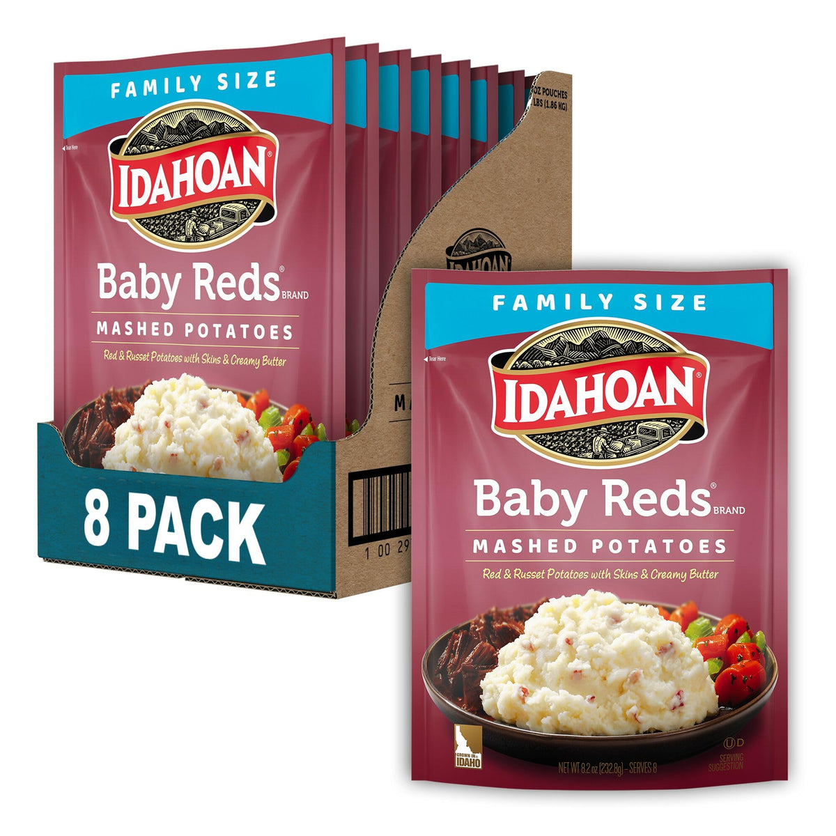 Idahoan Baby Reds packaging shows convenient, quick sides for busy weeknights.