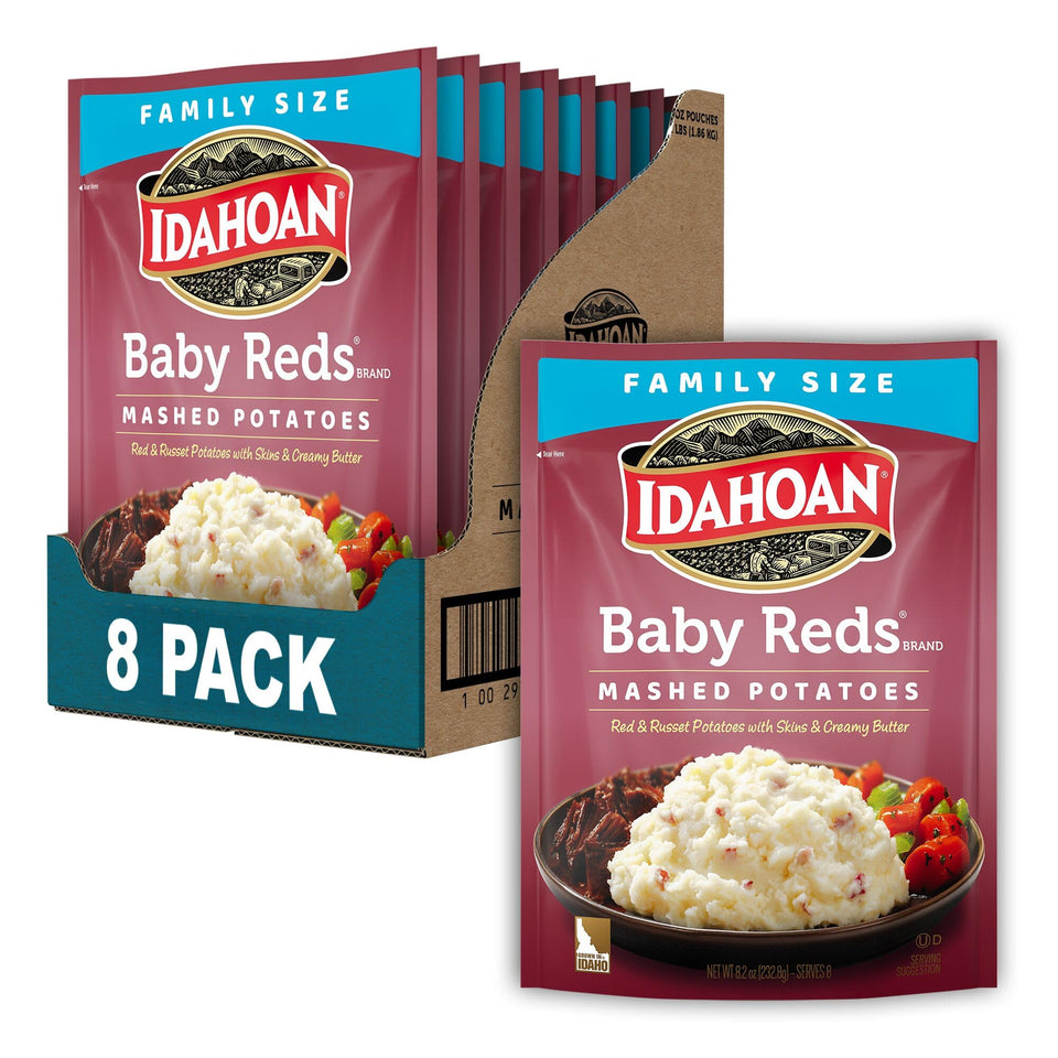 Idahoan Baby Reds packaging shows convenient, quick sides for busy weeknights.
