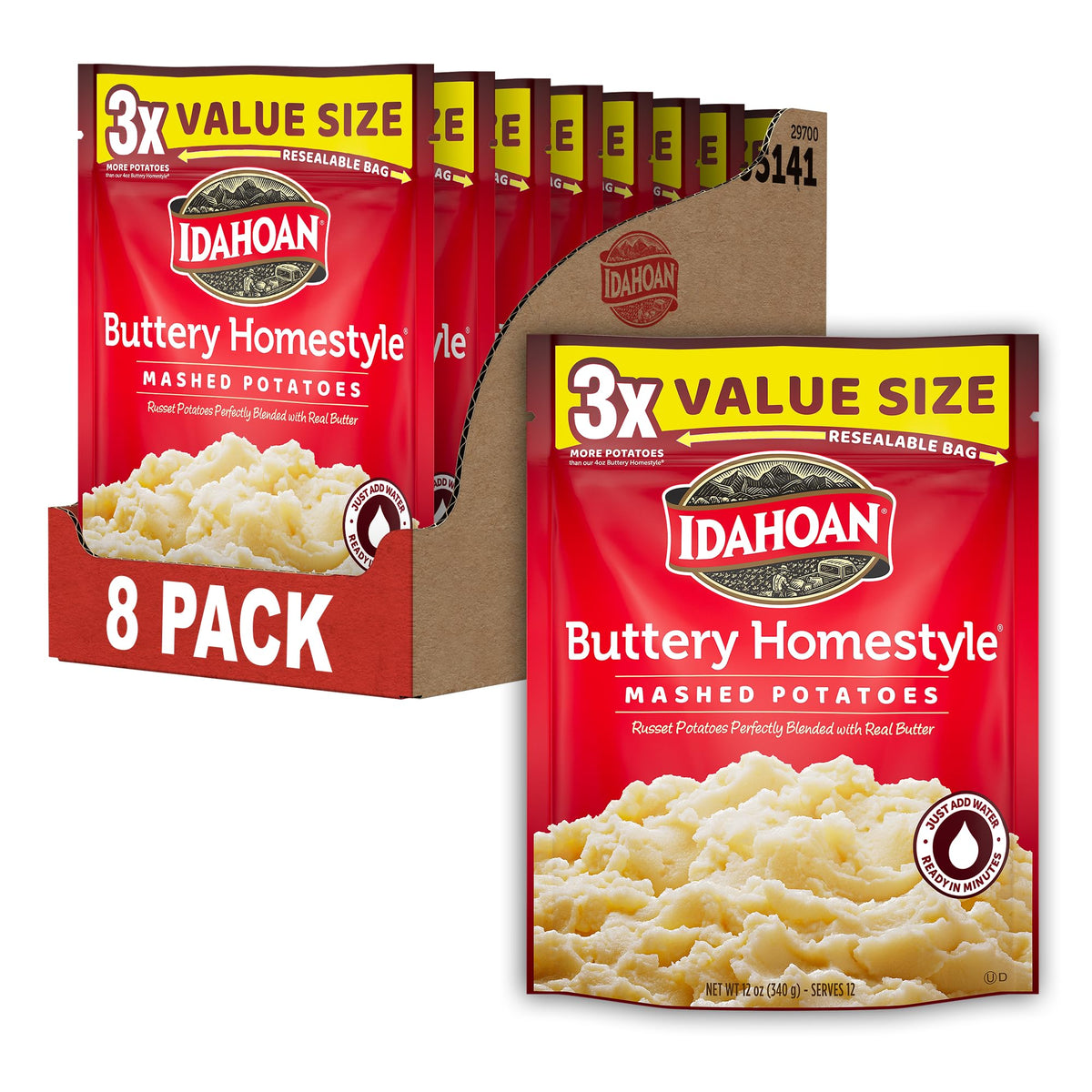 Idahoan Buttery Homestyle Mashed Potatoes 12oz pouch front shows convenient packaging.