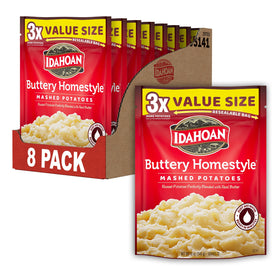 Idahoan Buttery Homestyle Mashed Potatoes 12oz pouch front shows convenient packaging.