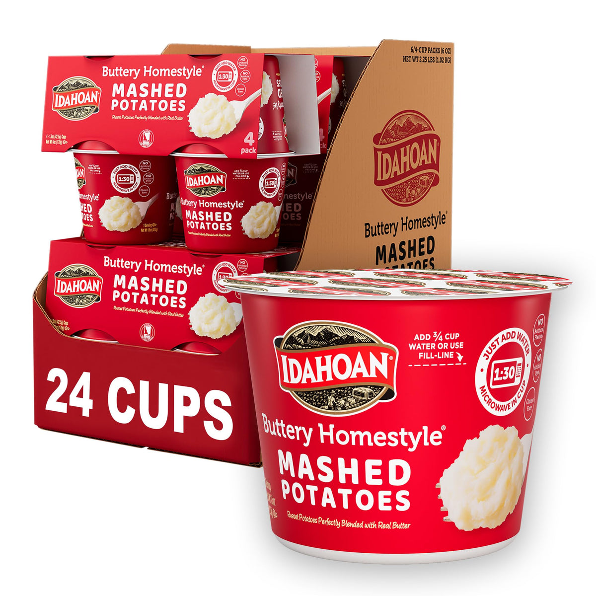 Idahoan Buttery Homestyle Mashed Potatoes Cup front view shows convenient single-serve portions